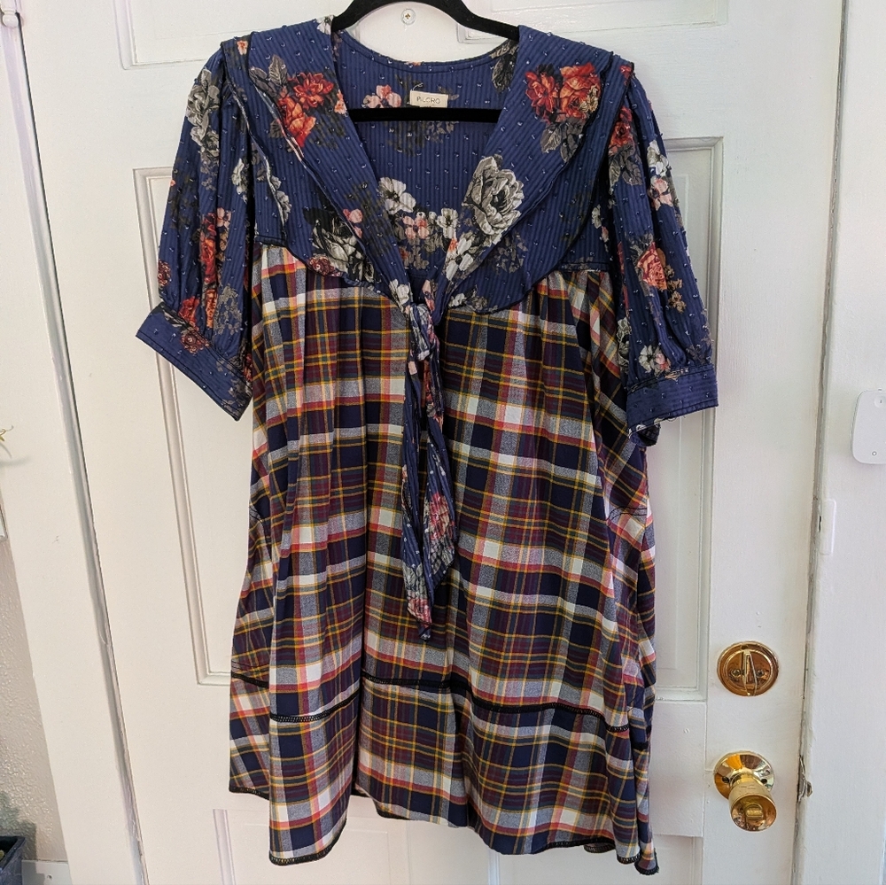 Pilcro Anthropologie Bow-Front Plaid Tunic Mini Dress Blue Brown Size L - Picture 2 of 4